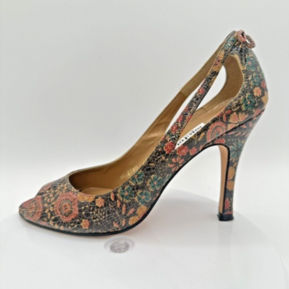 Sacha London Floral‎ Embossed Leather Peep Toe Heels Womens 6.5 Boho Neutral